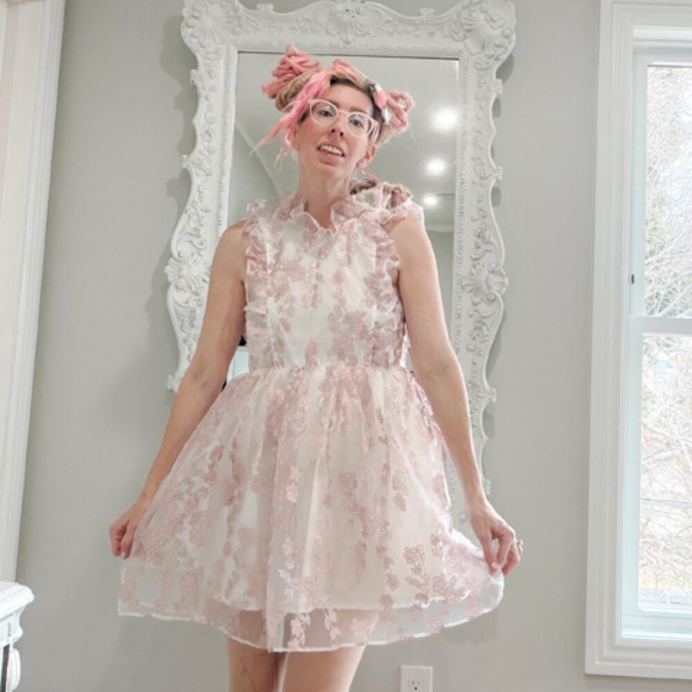 New York Couture Pink Sparkle Floral Cottagecore Ruffle Bib Dress